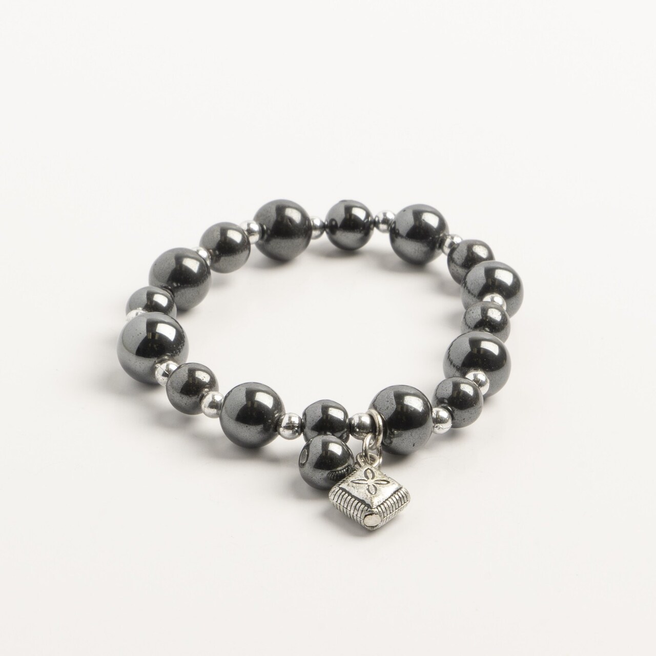 Earth's Jewels Semi-Precious Hematite Natural Grey Round Bracelet, Rhombus Charm